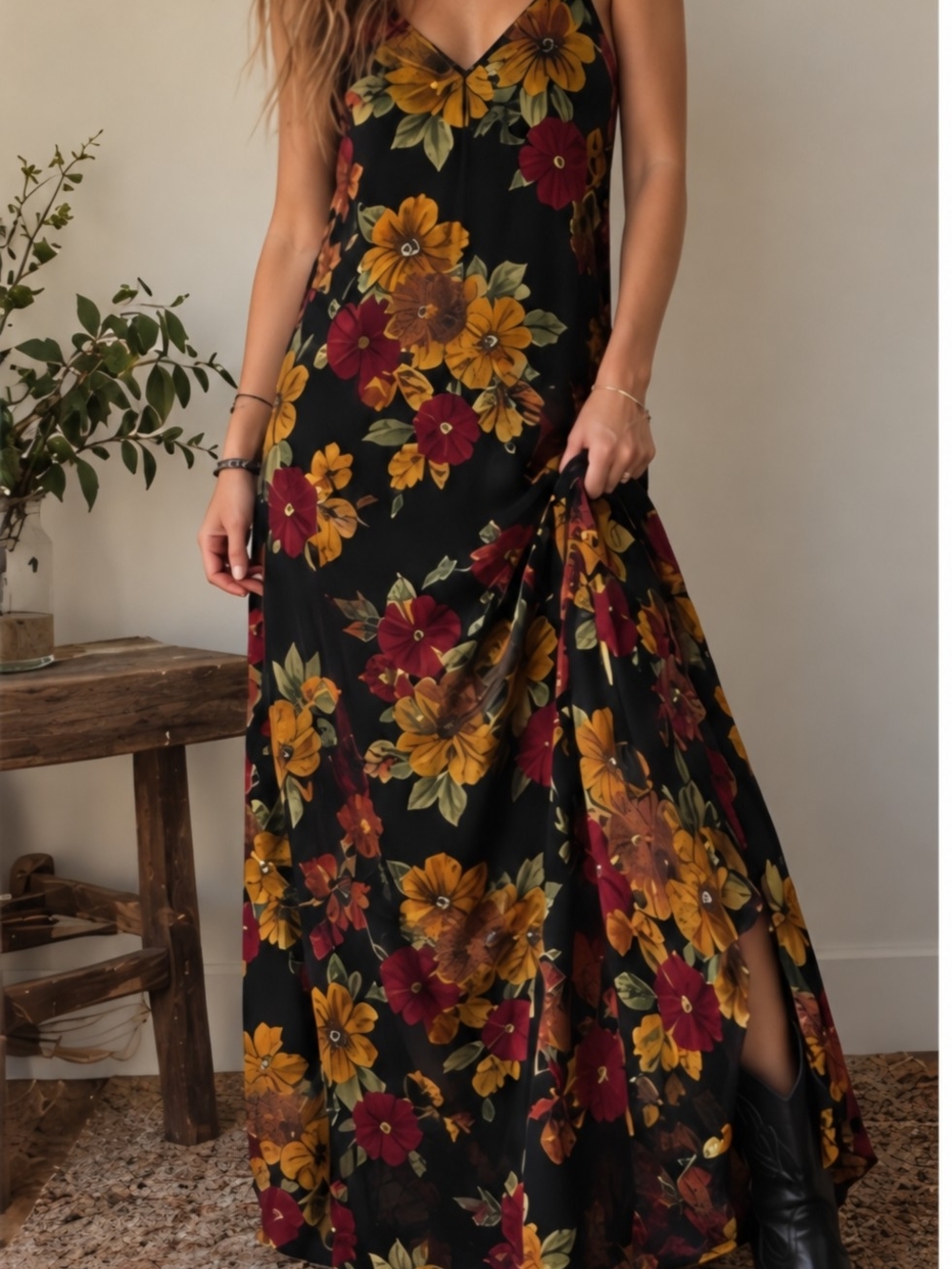 Band Of Hippies Floral Maxi Dress in Black & Red Like New